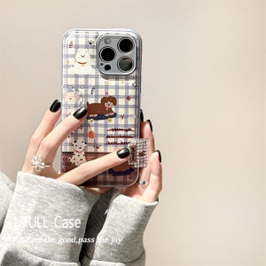Ufull Korean Style INS Spliced Blue Brown Plaid Dog Pattern Full Cover Apple 16 pro Max iPhone 17 New Model 15 Cute Girl Heart 13 pro Max Leather 14 pro Soft Shell