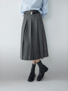 Elle | Gray Plaid Pleated Half-Skirt Long Dress