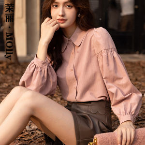 เสื้อเชิ้ตคอปกเด็กสไตล์ฝรั่งเศส สีขาว 2024 เสื้อเชิ้ตแขนยาวหนาสำหรับฤดูใบไม้ร่วง ผ้าขนแกะผสมโพลีเอสเตอร์ ทรงตรง ปกติ