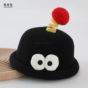 Cute Knitted Baby Hat Autumn Winter Korean Style Cartoon Boy Knit Cap round Top Mixed Fabric Yarn Bucket Hat Casual Style