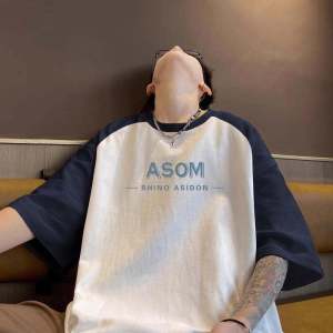 American Casual Contrast Color Letter Print Personalized Patchwork Pure Cotton Short Sleeve Mens T-shirt Summer Loose Slimming Top