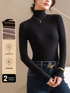 Womens High Collar Fleece Lined Slim Fit Thickened T-shirt Soft Slimming Base Layer Shirt Trendy Inner Wear Autumn Top