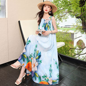 Bohemian High-End Cotton Silk Dress Women Summer Large Size Fashionable Strap Floral Ladies New Beach Skirt Gown Elegant