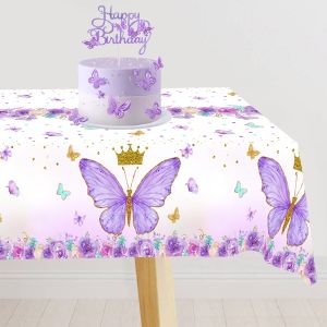 1pc Purple Butterfly Table Cloth Plastic Table Cover with Crown and Flowers for Kitchen Home Summer & Spring Indoor/Outdoor Deco