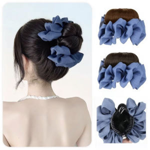 New Synthetic Hair Bun Claw Clip Bowknot Ribbon Wig Hair Clip Fluffy Black Bun Head Wig Hair Accessories