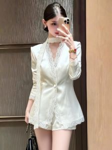 QFN | Elegant Lace Insert V-Neck Suit and Shorts Set