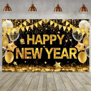 Happy New Year Photography Background Black Gold Sparkling Decor Banner Family Annual Party Portrait Photo Background Decoration