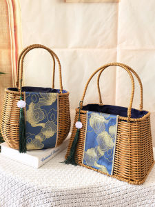 Retro Wicker Handbag Chinese Style Tea Set Storage Bag Versatile Qipao Match Tea Tools Organizer Natural Fiber Basket