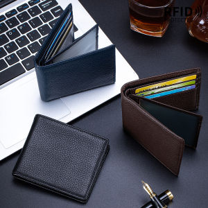 Business Texture Mens Short Wallet Genuine Leather Ultra-Thin Multi-Card Slot RFID Card Holder