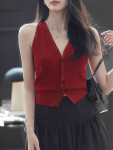 Red Wine Color Knitted Short Sleeveless V-neck Fitting Tank Top Womens Summer New Style Hong Kong Style Hanging Neck Clothes