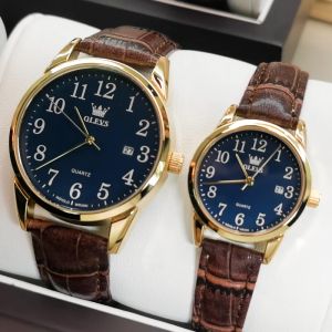 OLEVS resmi autentik jam tangan couple anti air terbaru 2024 cermin HD kalender dial kulit free box hadiah untuk pacar/pacar