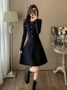 Autumn Winter Black Knitted Dress Womens High Waist Slim A-Line Skirt Inner Wear Base Layer Sweater Dress Elegant Sensation