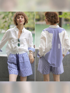 WinnieTang Slimming Striped Patchwork Shorts Elastic Waist Cotton Shirt Fashion Set for Women over 35 Summer Collection