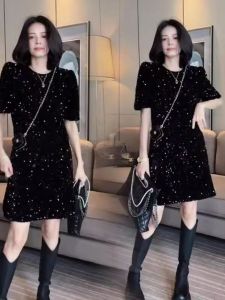 Shiny Sequin Short Sleeve Dress Womens New Summer 2025 European Style Thin Medium Length Casual French Style Skirt