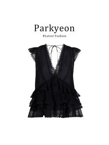 Áo Ren Không Tay Cổ Chữ V Màu Đen Cho Nữ Mùa Hè 2025 Thiết Kế Độc Đáo Tay Lỡ Áo Sơ Mi Ren Viền Ren Viền Tay Áo Ngắn