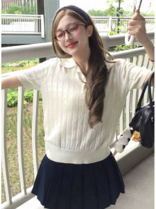 YUEZHONGWEI | American Retro White Shoulder Hollow Ice Silk Knitted Short Sleeve T-Shirt Women Summer Slim Fit Polo Shirt Top Breathable