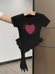 Heart Letter Print Cotton T-shirt with Irregular Hemline Ruffle Trim and Streamer
