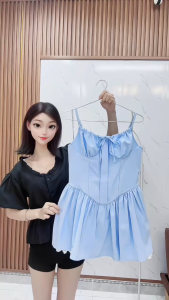 Váy 2 Dây Rút Dây Rúm Nguc Thắt Nơ Dáng Xòe Chất Liệu Thô Phối Lót Viền Ren Tặng Kèm Quần Trong