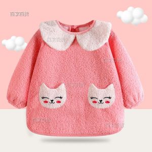 Baby Boy Teddy Velvet Apron Outwear Autumn Winter Waterproof Dirty Proof Children Eating Clothes Polyester Fabric Cartoon Pattern