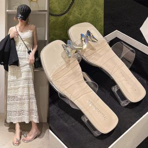 French Fairy Tale Thick Heel Square Head Sandals Womens Summer Elegance Oversize Diamond Butterfly Knot Transparent Slippers