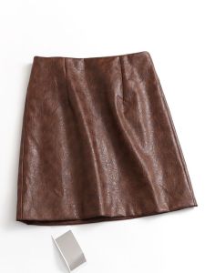 Pure Color Imprint Slimming High Waist Short Skirt Womens Commute Style Korean Fashion PU Material Half-length Skirt