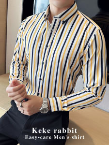 Mens Long Sleeve Shirt Casual Striped Anti-Wrinkle Business Slim Fit Lightweight Spring Autumn New Arrival Polyester Fiber