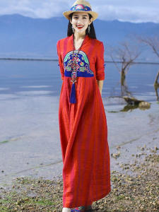 Red Long Printed Dress Womens Spring Summer New National Style Slimming A-Line Skirt Breathable Comfortable V-Neck Zipper