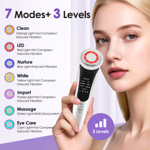 7 in 1 EMS Face Neck Eye Massager Facial Massager Face Beauty Instrument with Induced Vibratings and Hot Compress LED Light Therapy Face Lifting Device for Skin Rejuvenation Tightening