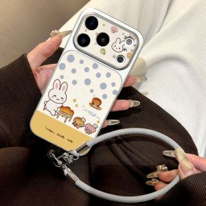 With Lanyard Leather Bunny Bear Cute Phone Case For iPhone 17 Pro Max Case iPhone 16 15 11 13 12 14 Pro Max Cover Large Window