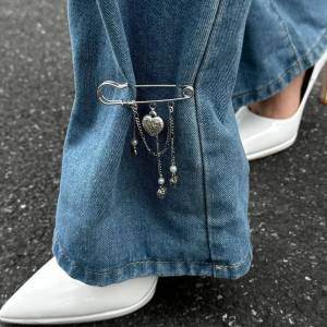 Salircon Fashion Love Heart Pendant Imitation Pearl Tassel Pants Ankle Chain Women Trend Wide Leg Pants Daily Decoration Jewelry