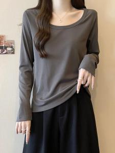 Plus Size Shoulder U-Collar Loose Long Sleeves T-Shirt Bottoming Shirt Womens Autumn Slightly Fat Sister Slimming Belly-Covering Easiest for Match Tops