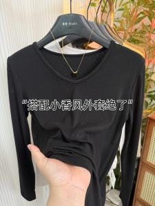 Elegant V-Neck Long Sleeve T-Shirt Womens Fashion Casual Versatile Slimming Solid Color plus Size Top for Autumn