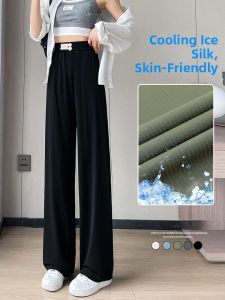 LANGPIN | Slim Fit Ice Silk Wide Leg Pants Womens Summer Thin Hanging Sensation Casual Trousers High Waist Long Pants Nylon Spandex