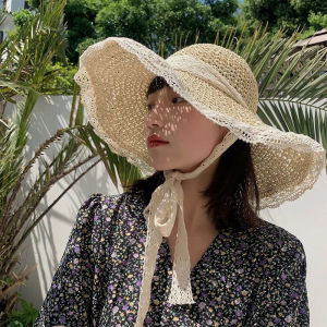 Womens Summer Beach Sun Hat Straw Woven Wide Brim Hat Lace Trim Tied on Casual Style Sun Protection Hat for Outings