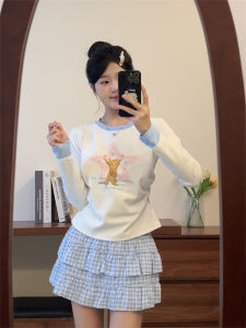 Foam Star Cat Print Long Sleeve Womens Early Autumn Color Block Shoulder T-Shirt Sweet Little Girl Slim Fit Top New Style