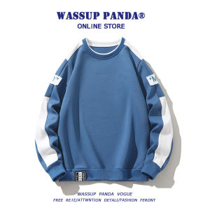 Wassup Panda Mens Loose Fit Long Sleeve Crew Neck Sweatshirt Spring Autumn Color Block T-Shirt Casual Comfortable Polyester