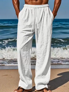 <𝙇𝙖𝙯𝙎𝙜𝙈𝙖𝙡𝙡> Men’s Lightweight Linen Beach Pants Wide Leg Casual Trousers Breathable Elastic Waist Loose Summer Wear M-3XL