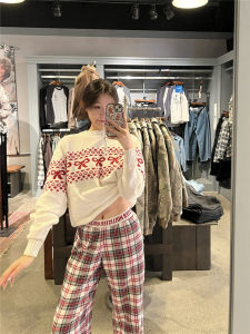 Retro American Korean Style Plaid Letter Pattern Casual High Waist Elastic Loose Fit Womens Pants Sleepwear Trousers