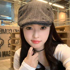 Retro Japanese Stripe Beret Hat Women Summer Thin Large Head Size Face Slimming Spring Autumn Winter Casual Style round Top