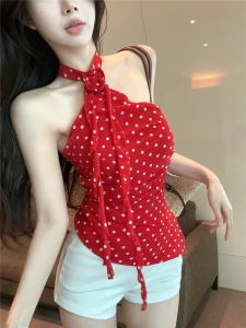 GUZILIAN | French Vacation Style Pure Desire Hot Girl Halter Polka Dot 3D Flower Design Pleated Slim Asymmetrical Strapless Top