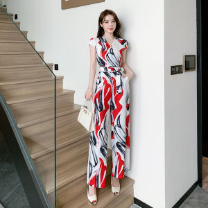 Impression Fashion Women Elegant Chiffon Print V-neck Short Sleeve Tunic High Waist Wide-leg Jumpsuit