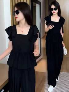 Shalldoer | Chic French Style Top with Flounce Sleeves Wide Leg Pants Two-Piece Set