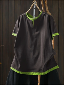 YEBO | Plus Size 300kg Fake Layered Color Contrast Loose T-Shirt
