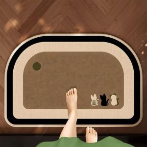 VIKAMA Retro Arched Bath Mat Non-Slip Absorbent Geometric Cat Pattern Floor Rug Washable Mat for Bathroom Entryway Bedroom Home