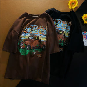 Áo In Hình Retro Mỹ Cho Nữ Áo Thun Cặp Đôi Ngắn Tay In Hình Xe Hơi Hoạt Hình