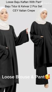 Loose Kaftan Blouse Viral with Loose Pant Set for Ladies / Cey Italian Crepe / Blouse Berpocket / Baju Kelwar