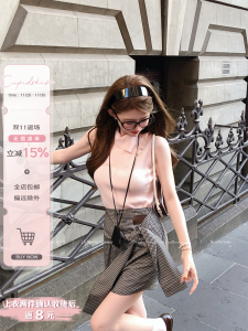 Áo Len Dệt Kim Không Tay Cổ Bẻ Kẻ Caro Cổ Điển Không Tay Áo Vest Váy Nửa Lưng Bộ Sưu Tập Mùa Hè 2025 Áo Chui Đầu Ngắn