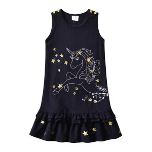 DXTON Summer Girls Sleeveless Dress Unicorn Star Print Cotton Kids Dress Girls Ruffle Frocks Children Casual Princess Clothes