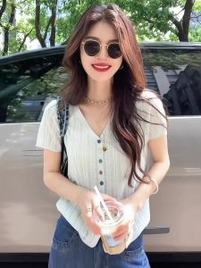 HUOLISI | New Style Short Sleeve Ice Silk Thin V-neck Hollow Knit Top