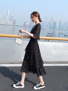 Black Polka Dot Floral Print Chiffon Dress Womens Summer 2025 Slimming A-Line Cake Skirt Korean Style Commute Print Splicing Resin Dyeing Lace Hem mid Waist Polyester Fiber Short Sleeve Midi Dress V-neck A-line Skirt